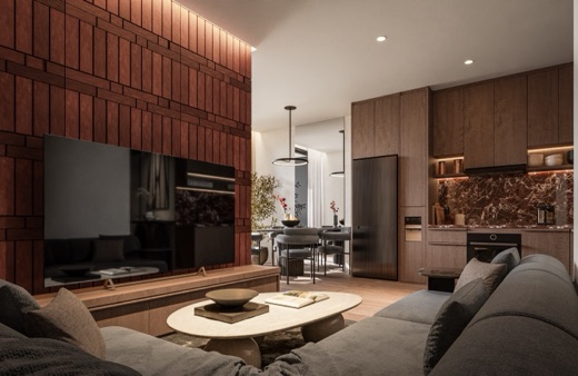 Apartment living and kitchen